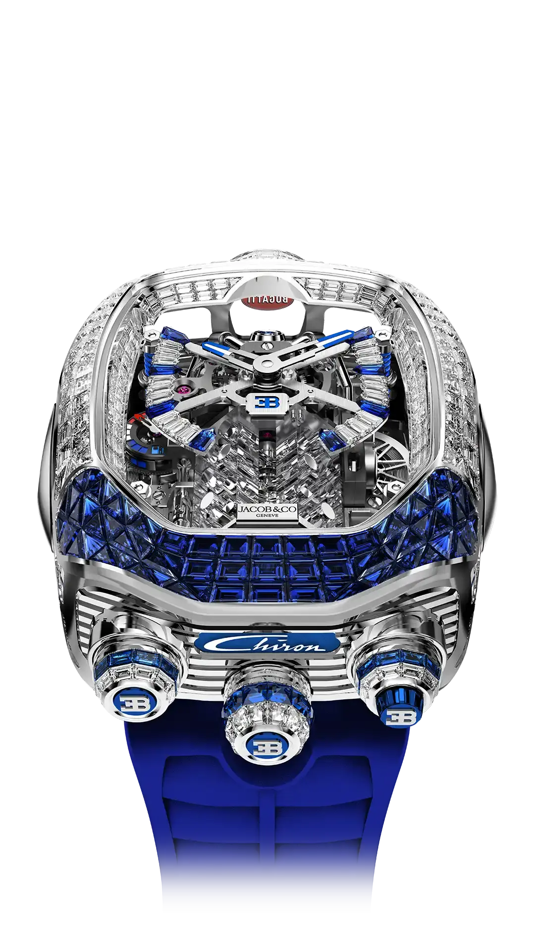 Jacob & Co Bugatti Chiron Tourbillon Baguette - White Gold (Diamonds & Blue Sapphires)