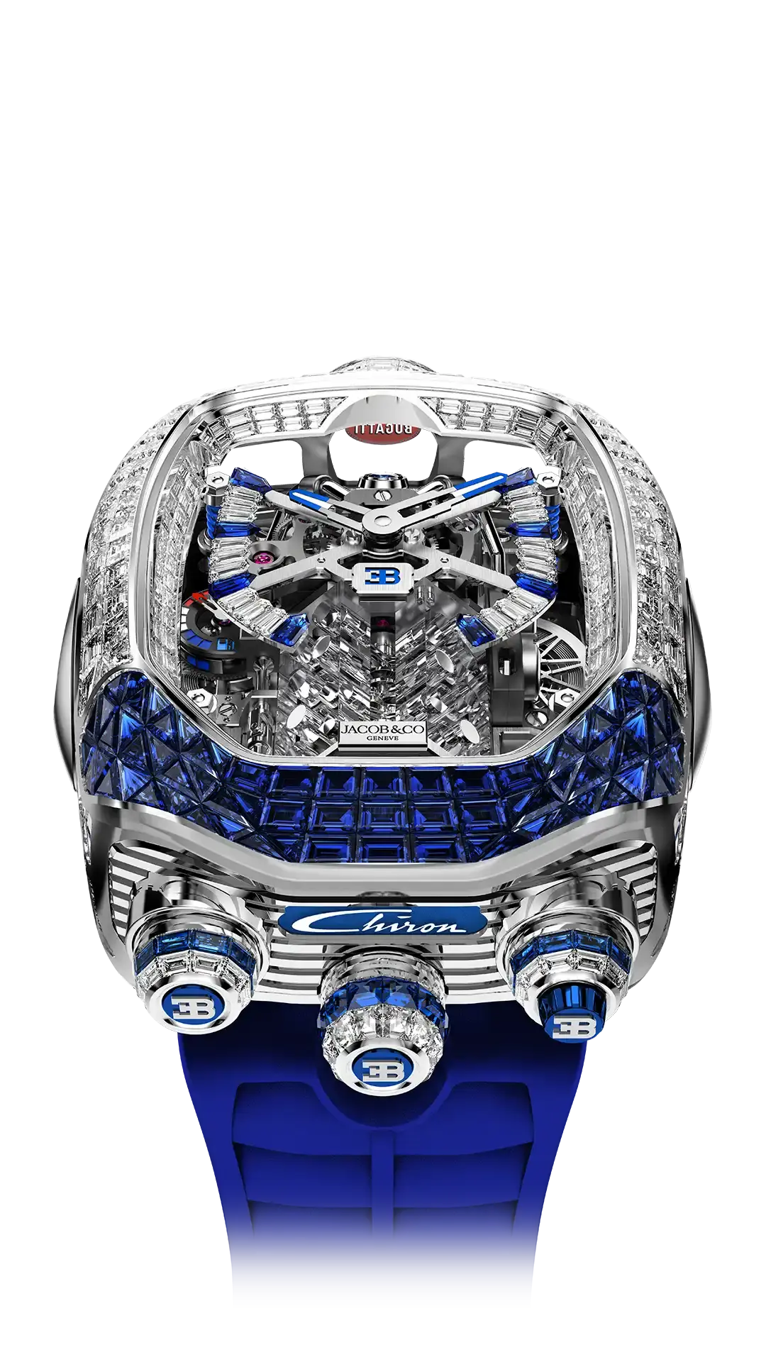 the bugatti chiron tourbillon baguette in white gold with white diamonds and blue sapphires