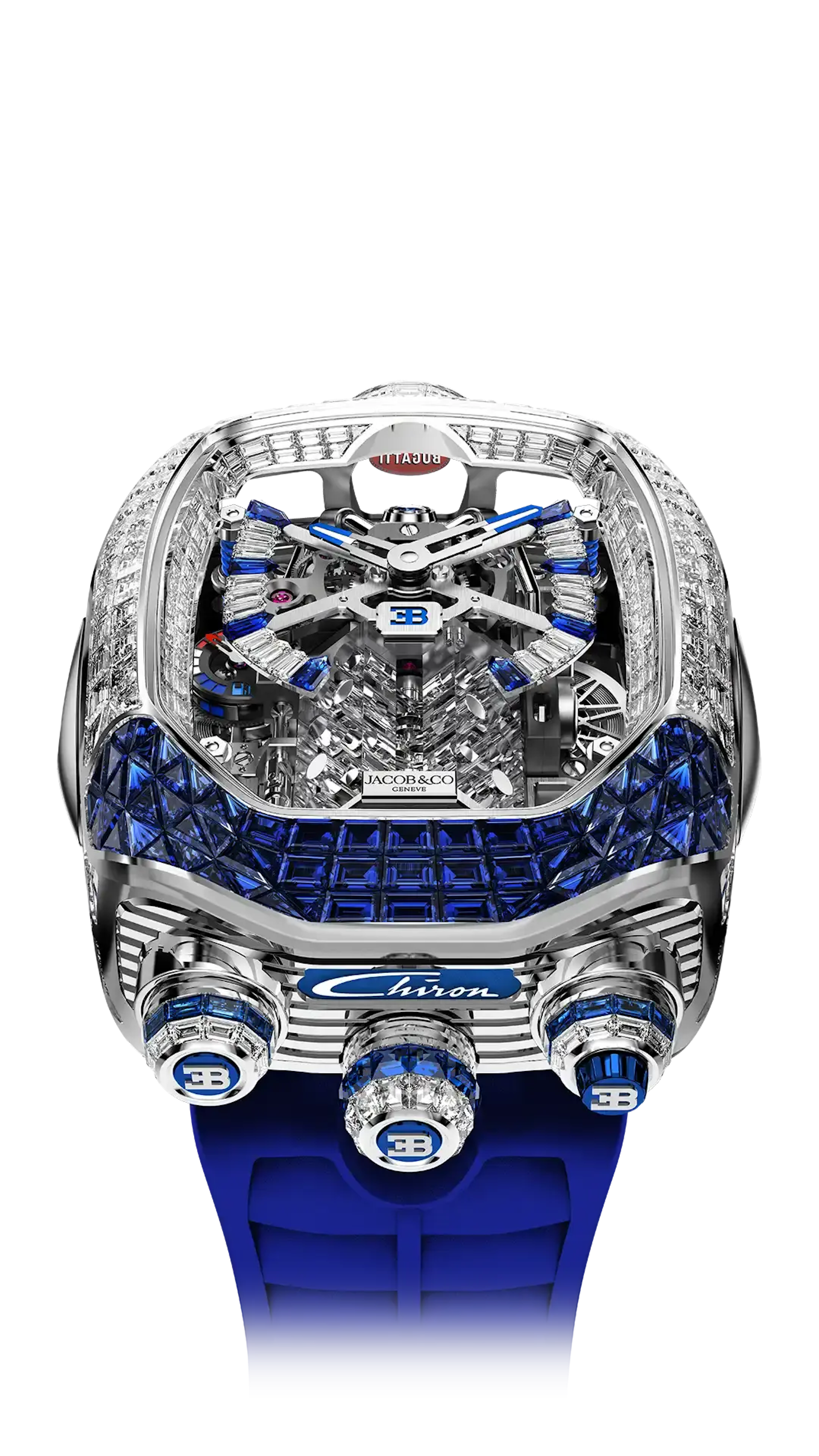 the bugatti chiron tourbillon baguette in white gold with white diamonds and blue sapphires