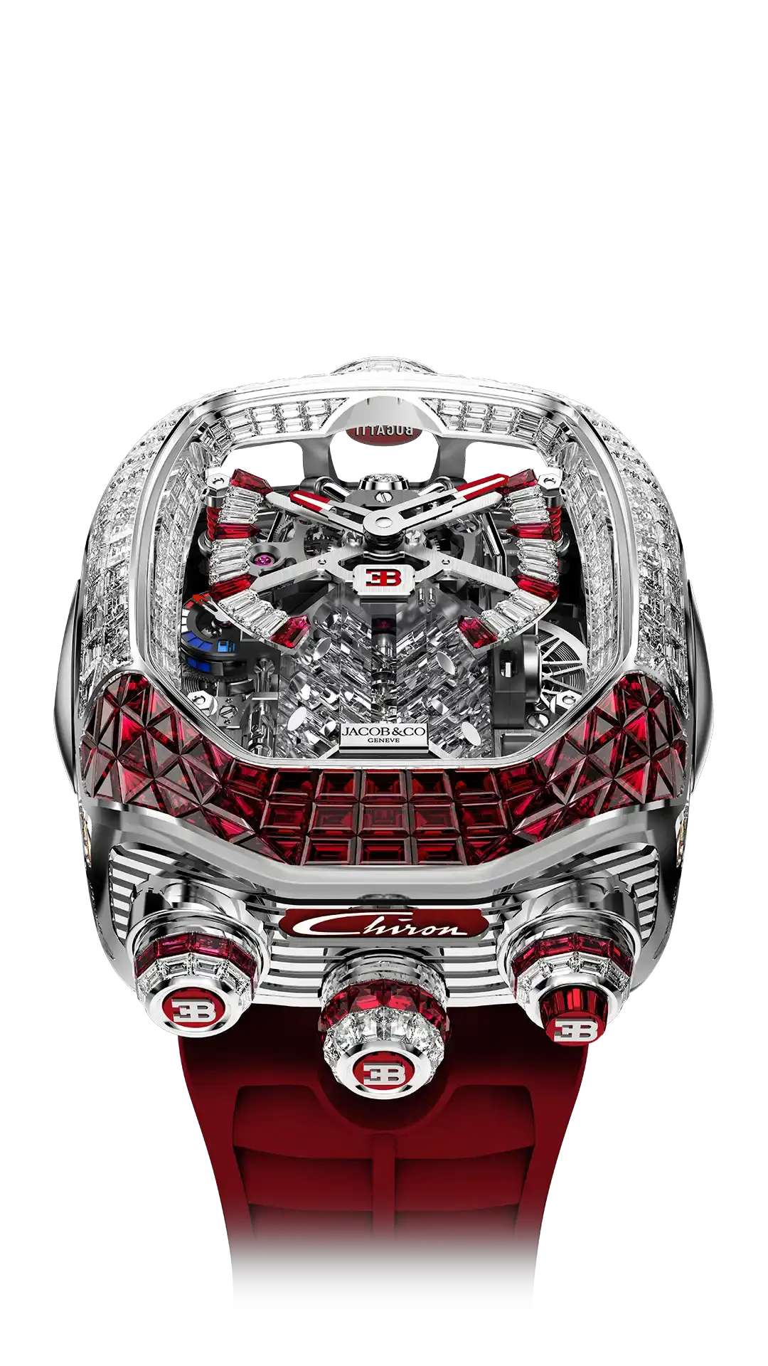 the bugatti chiron tourbillon baguette in white gold with rubies and white diamonds