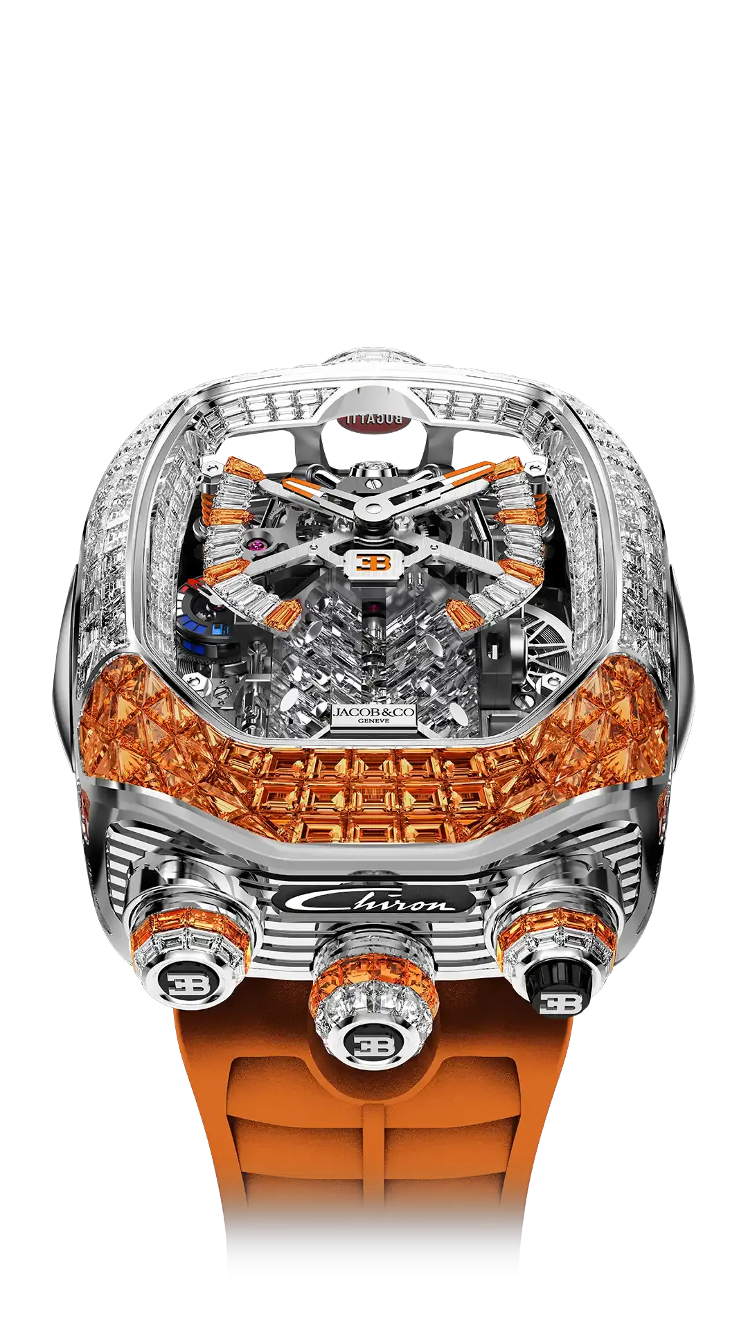 the bugatti chiron tourbillon baguette in white gold with white diamonds and orange sapphires.