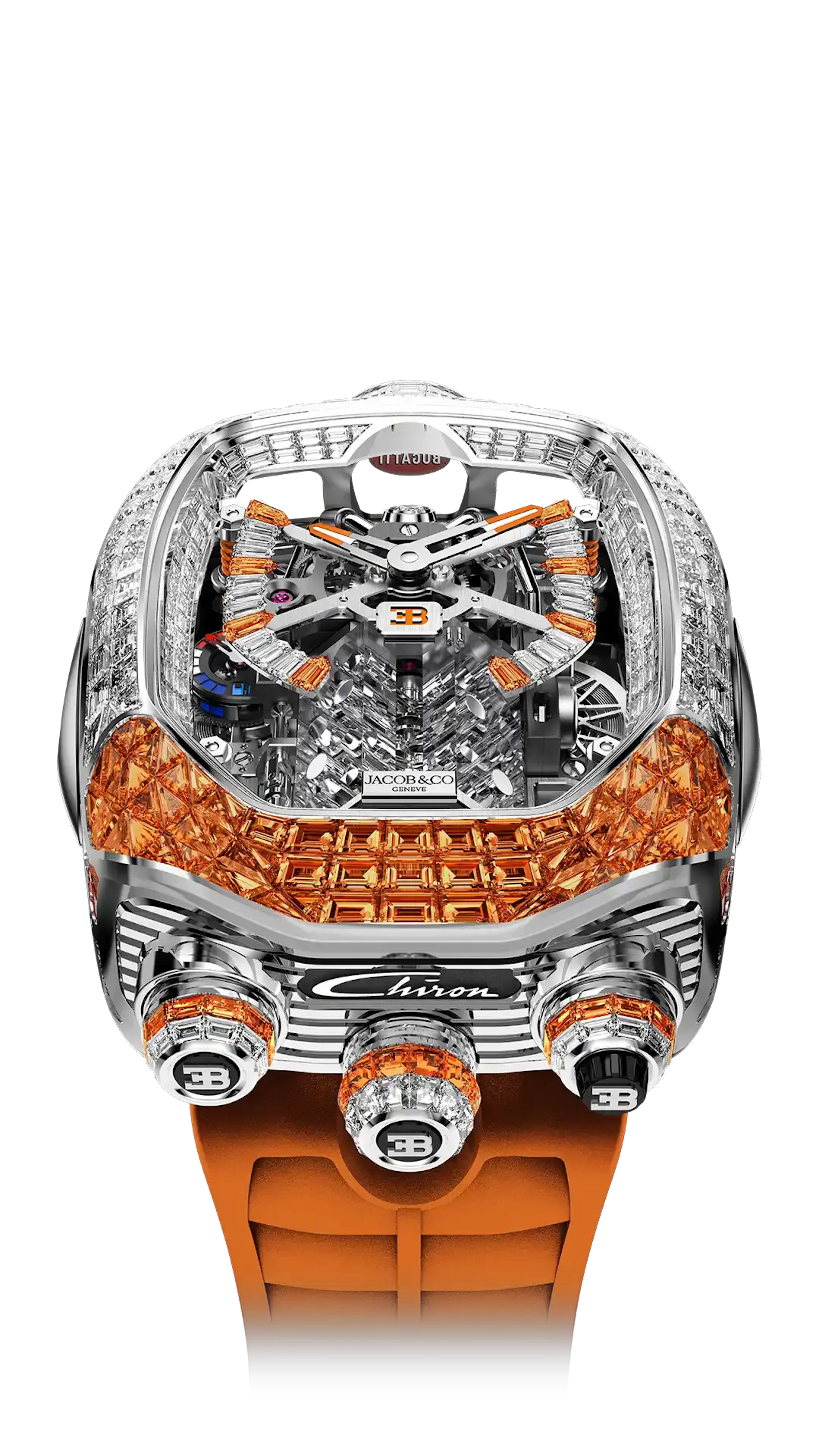 the bugatti chiron tourbillon baguette in white gold with white diamonds and orange sapphires.