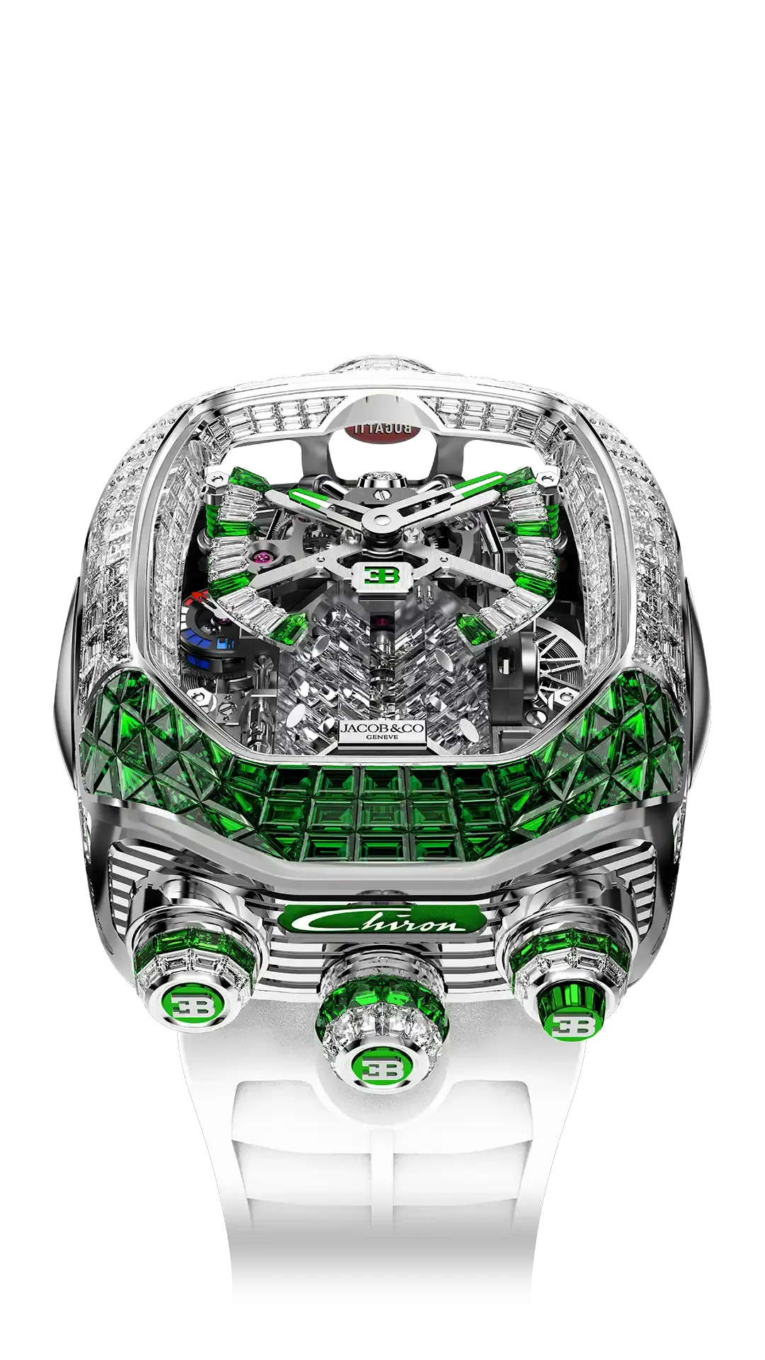 the bugatti chiron baguette in white gold with white diamonds and green tsavorites,