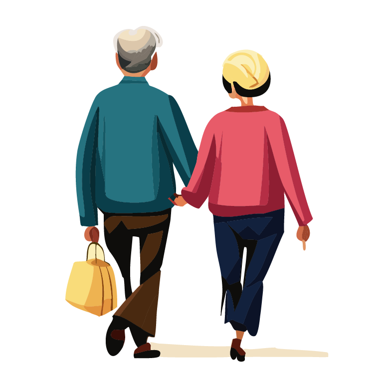 Cartoon of a health, elderly couple walking into the distance holding hands