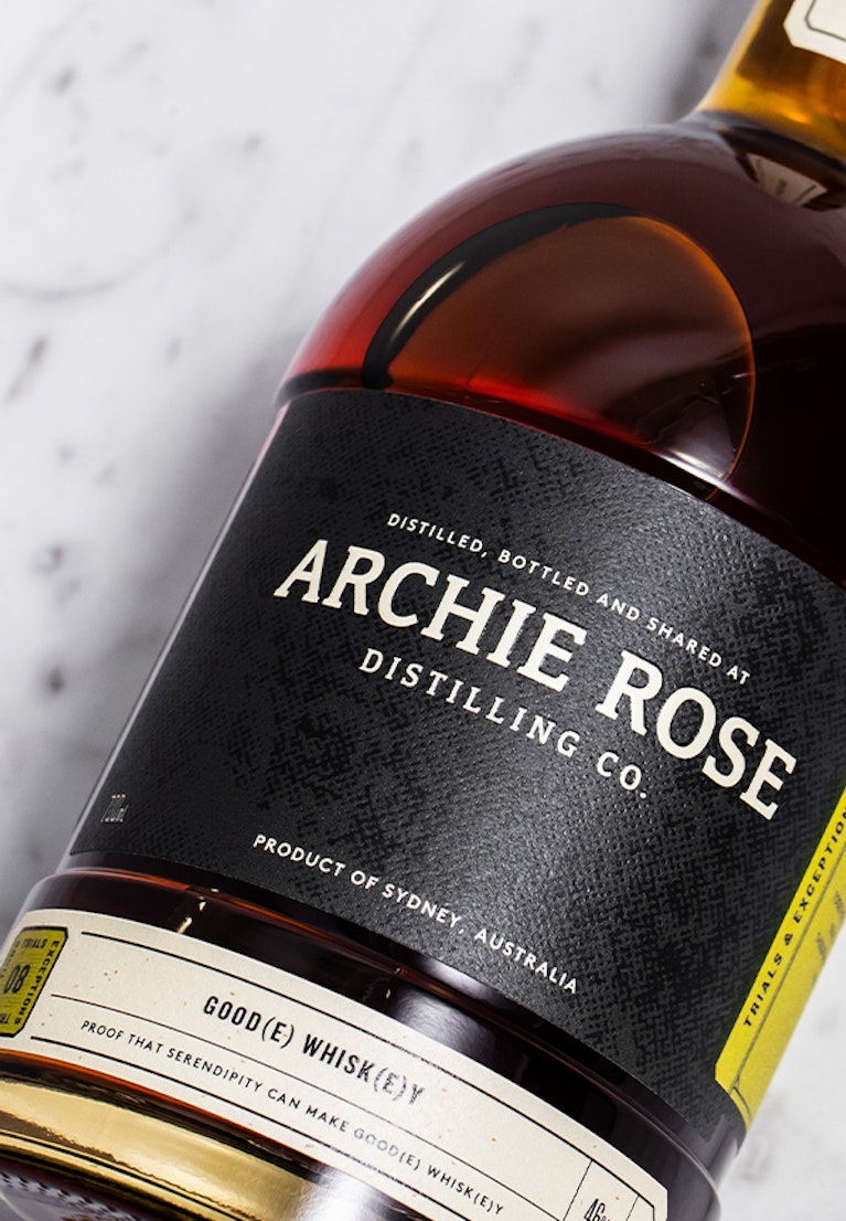 overhead-shot-of-archie-rose-goode-whisky-front-label