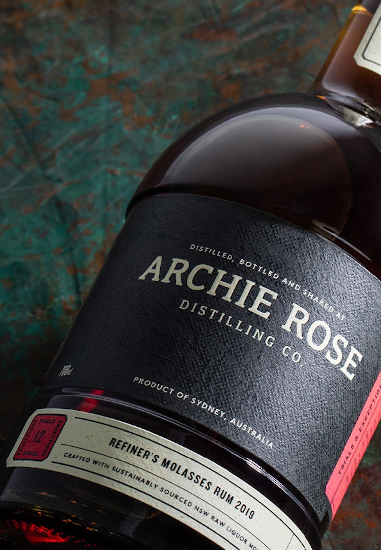 archie-rose-refiners-molasses-rum-overhead-shot-label-front-closeup