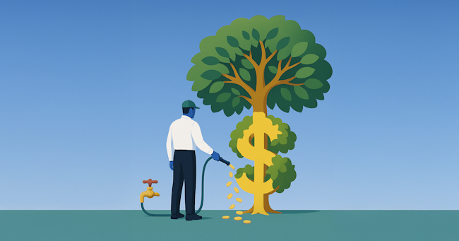 graphic design of person watering a tree that is made of a money symbol