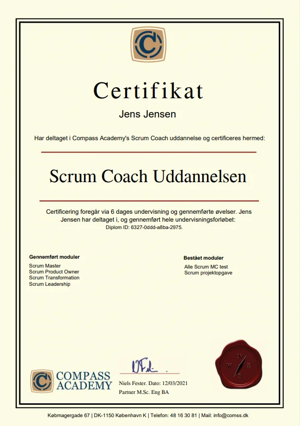 Billede af Compass Scrum Coach Uddannelsen certificat
