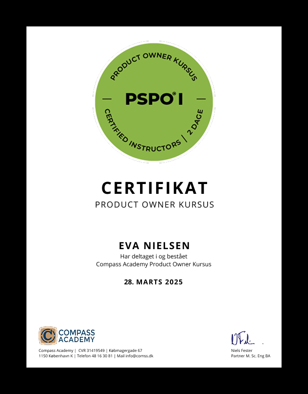 Product Owner Kursus Certifikat fra Compass