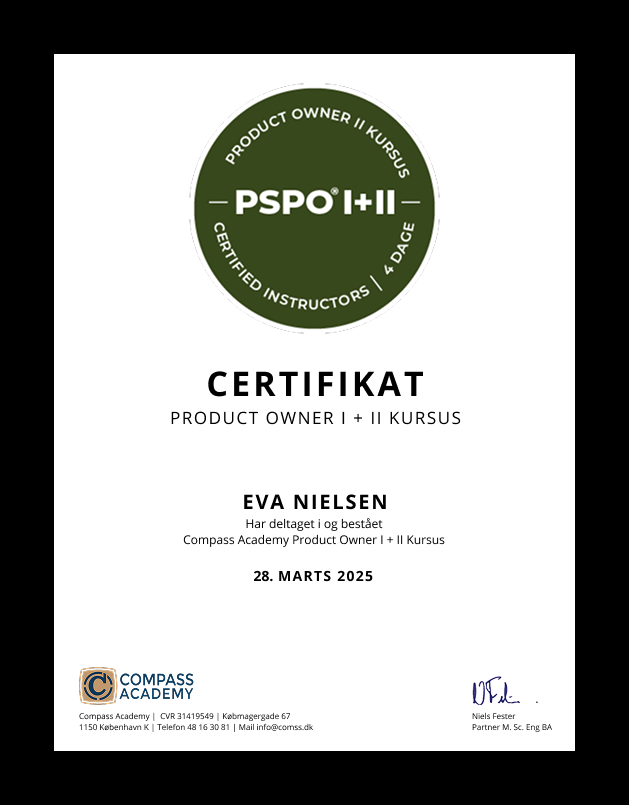 Product Owner I+II Kursus Certifikat fra Compass
