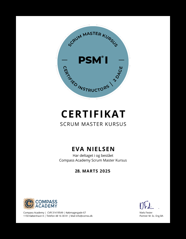 Scrum Master Kursus Certifikat fra Compass