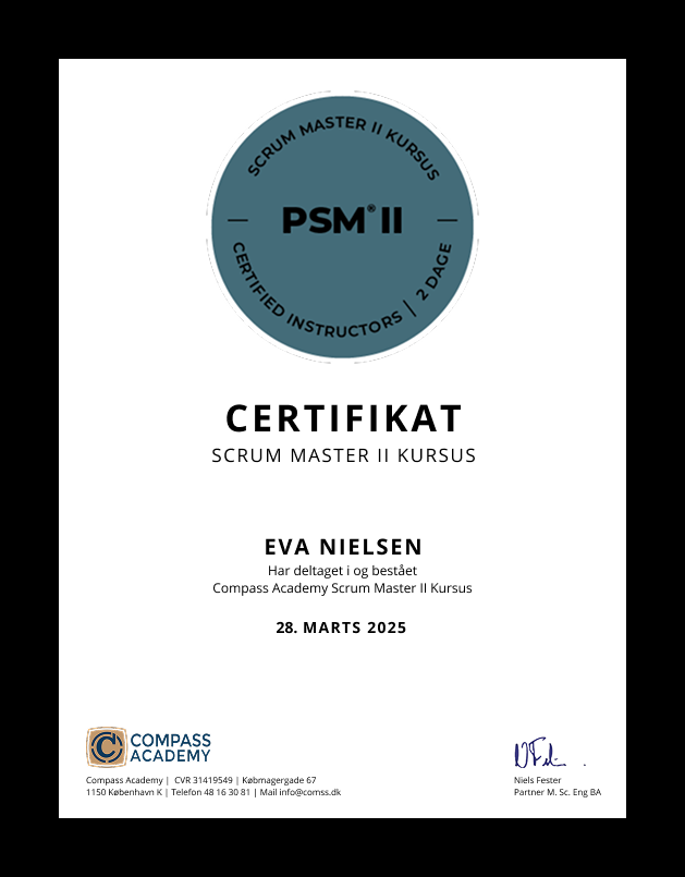 Scrum Master II Kursus Certifikat fra Compass