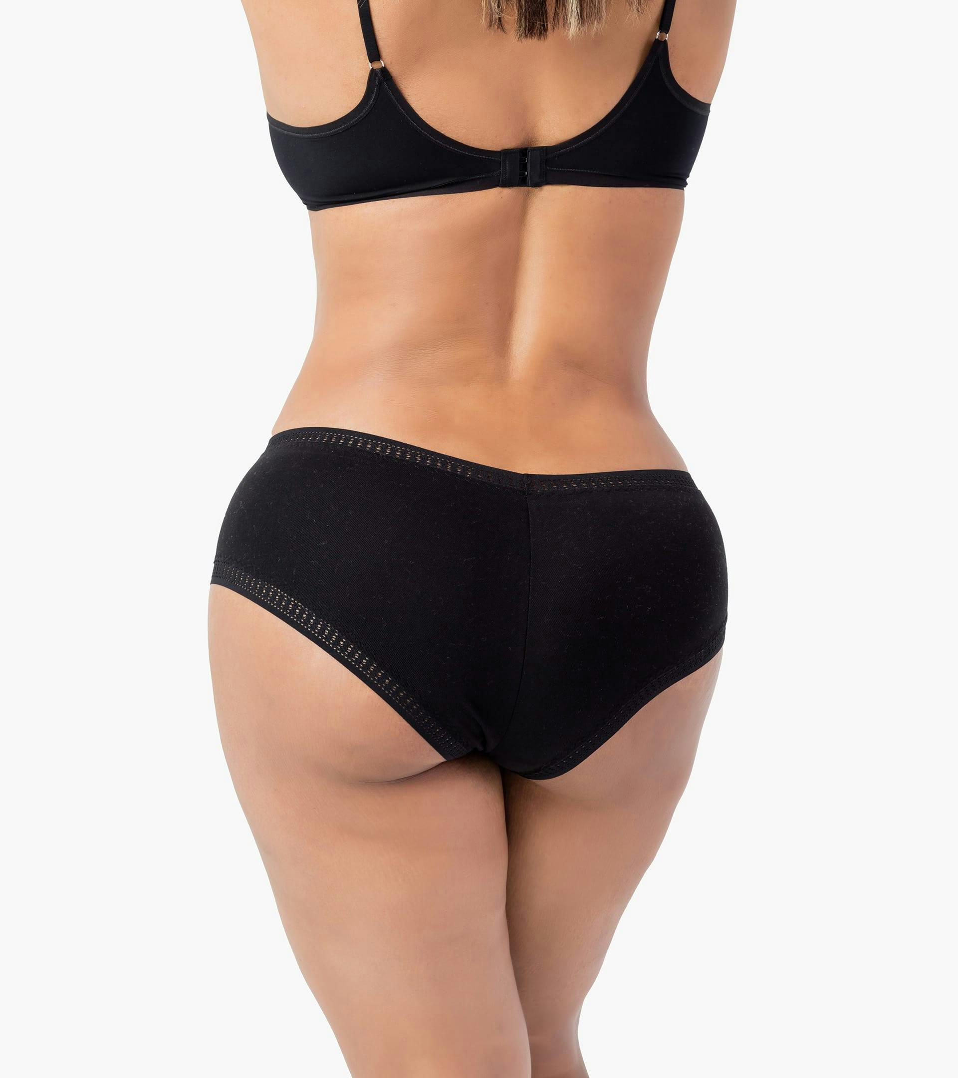 close up of woman's back in black bra top and underwear