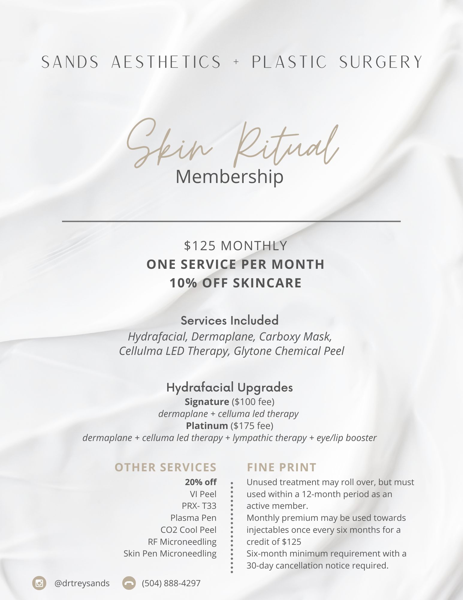 Sands Aesthetics Plastic Surgery membership rates info in Metairie, LA