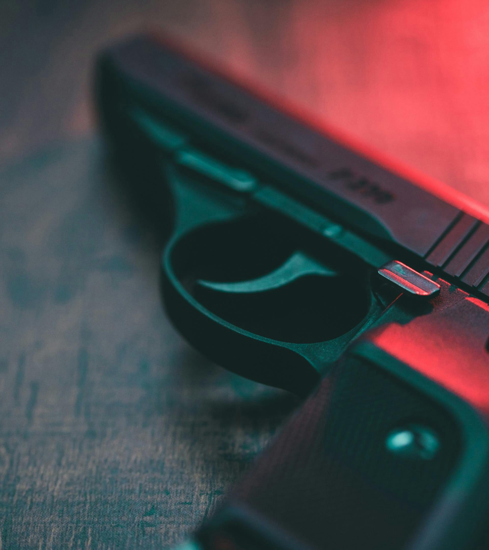 Closeup of a pistol.