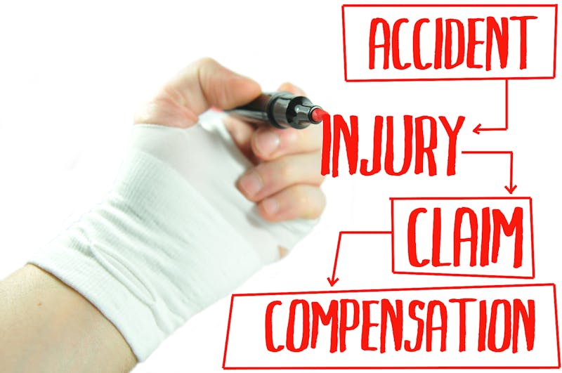 Injured hand writing the words Accident, Injury, Claim, Compensation