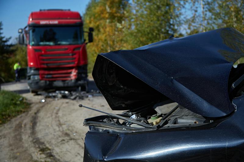 A truck that has hit a car