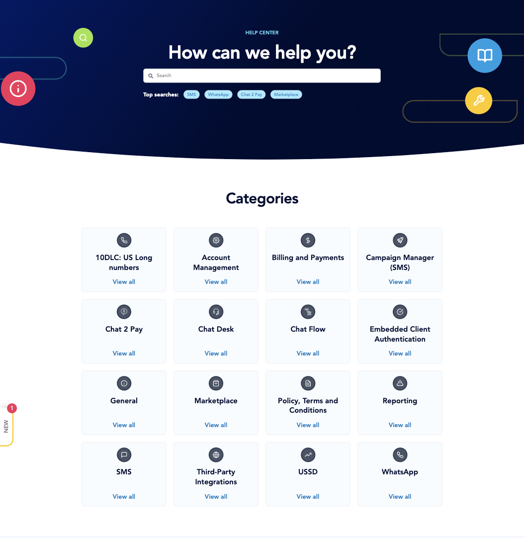 Clickatell's main help center page