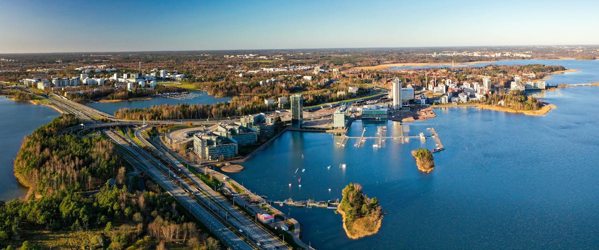 Aerial shot of the Accountor Tower in Espoo, Keilaniemi.