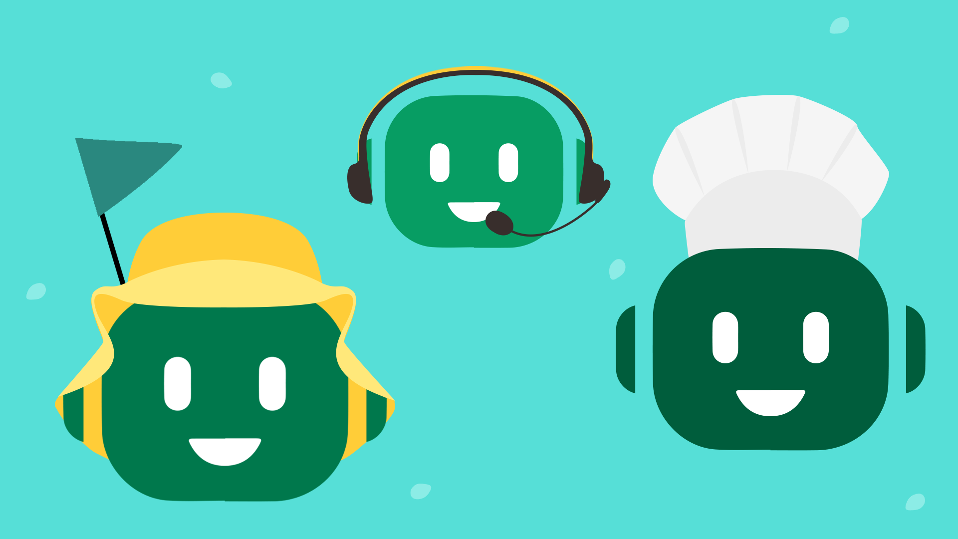 Three robot heads with a fisherman hat, headset and a chef hat