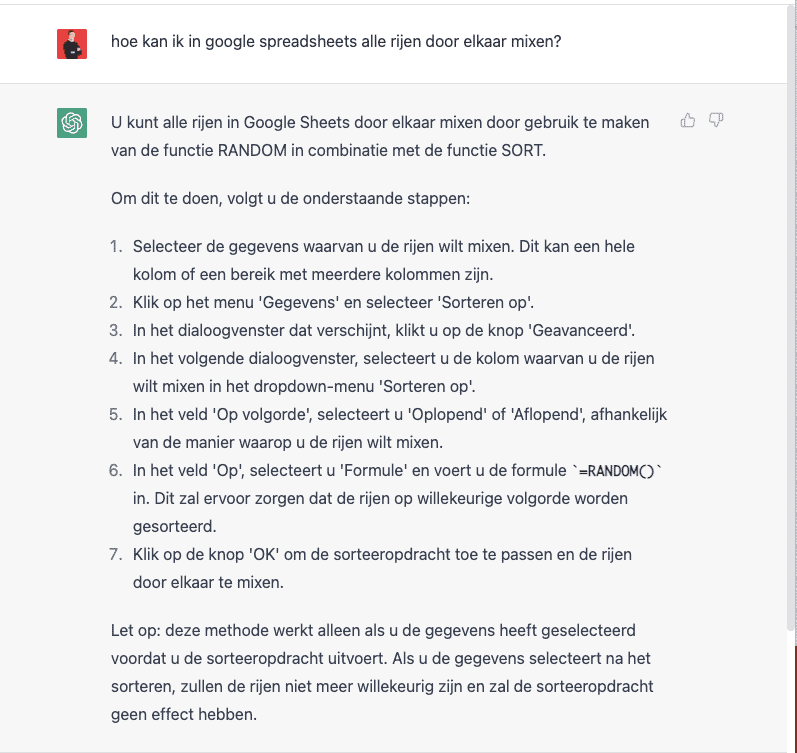 ChatGPT helpt mij met formules genereren in Google Spreadsheets