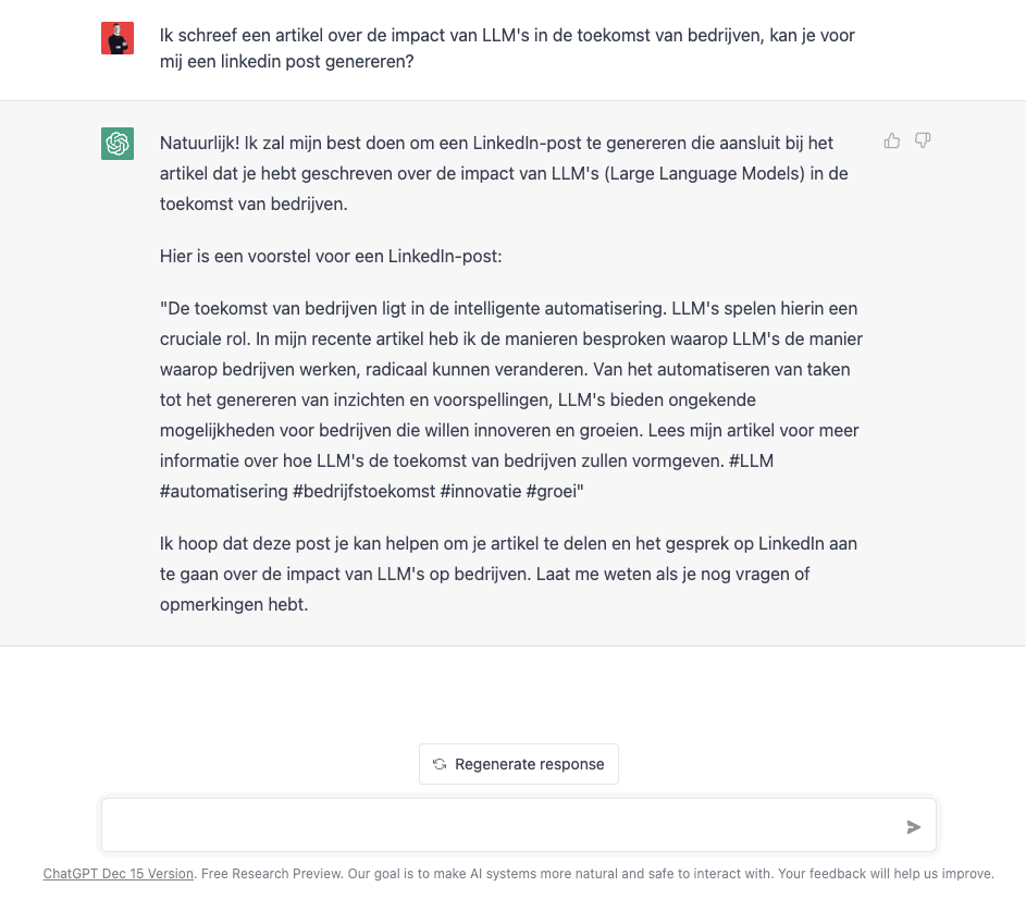 ChatGPT maakt voor mij de LinkedIn post die bij dit artikel hoort